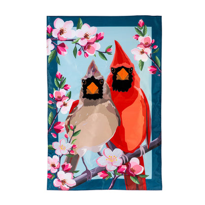Cardinal Couple Applique House Flag with two cardinals on pink blossoms; teal border on Tampa Home & Garden Store