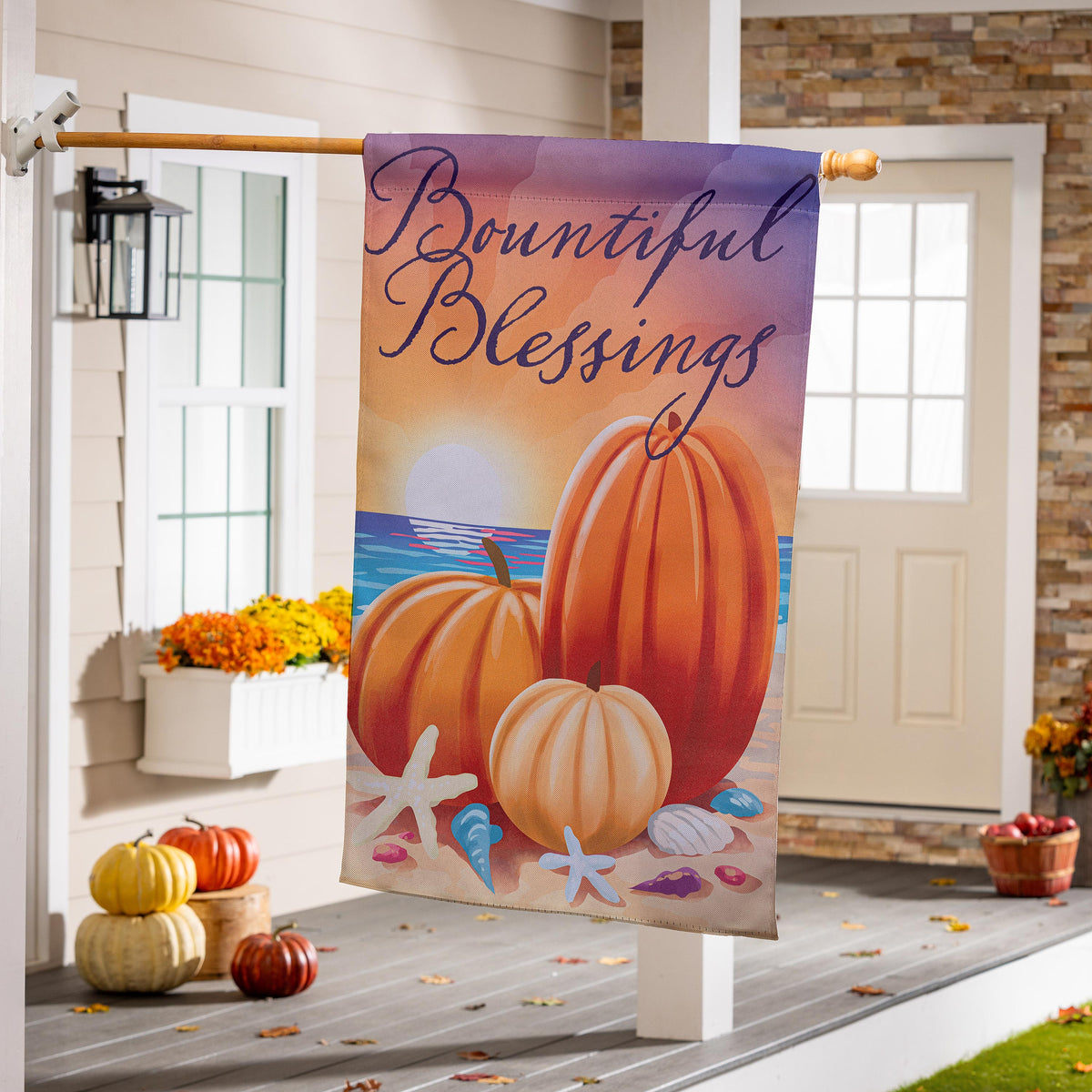 Beach Harvest Suede House Flag Evergreen Enterprises autumn pumpkin design on Tampa Home & Garden Store