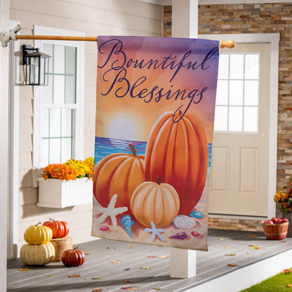 Beach Harvest Suede House Flag Evergreen Enterprises autumn pumpkin design on Tampa Home & Garden Store