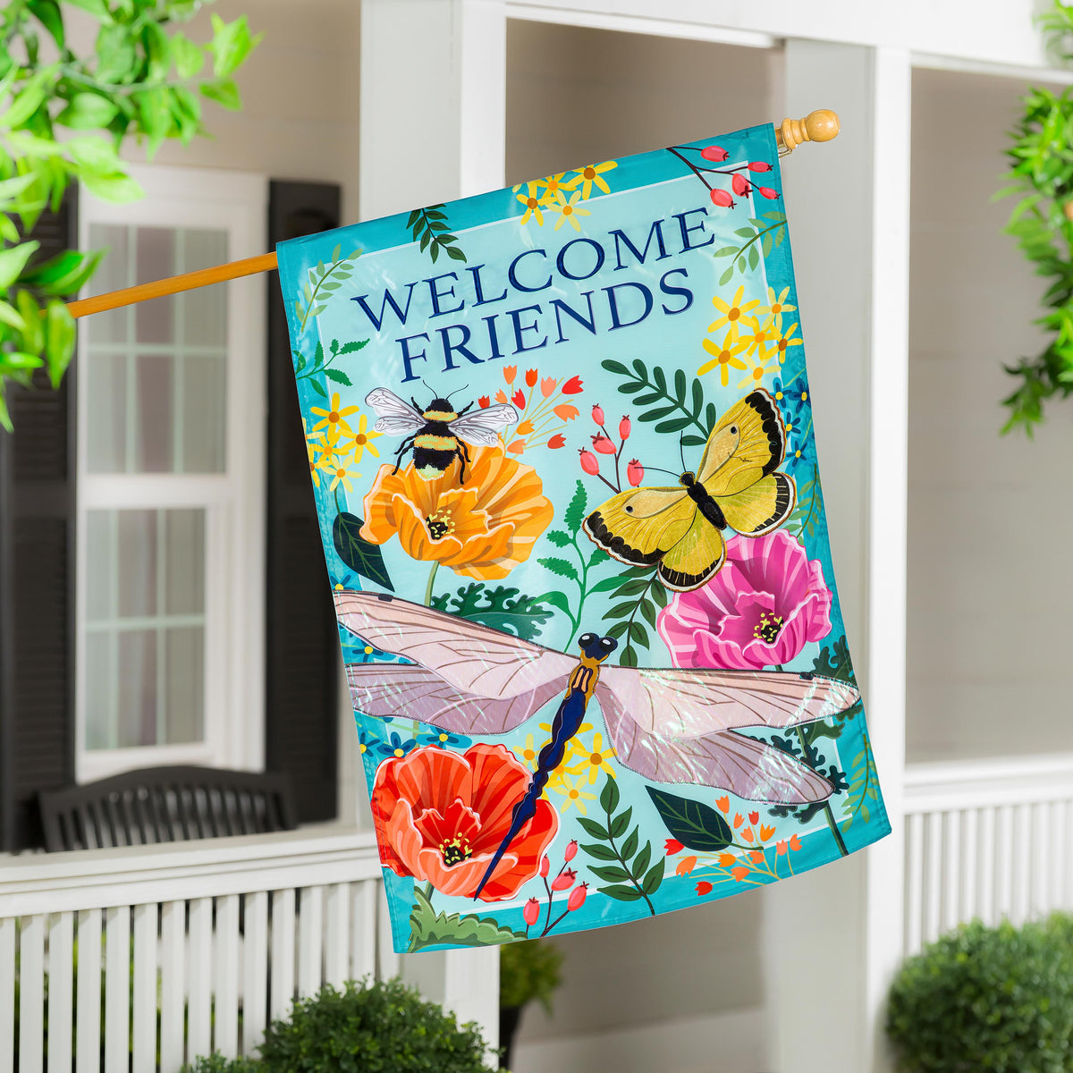 Applique flag Evergreen Enterprises Greenhouse Garden Welcome Friends teal backdrop with florals on Tampa Home & Garden Store