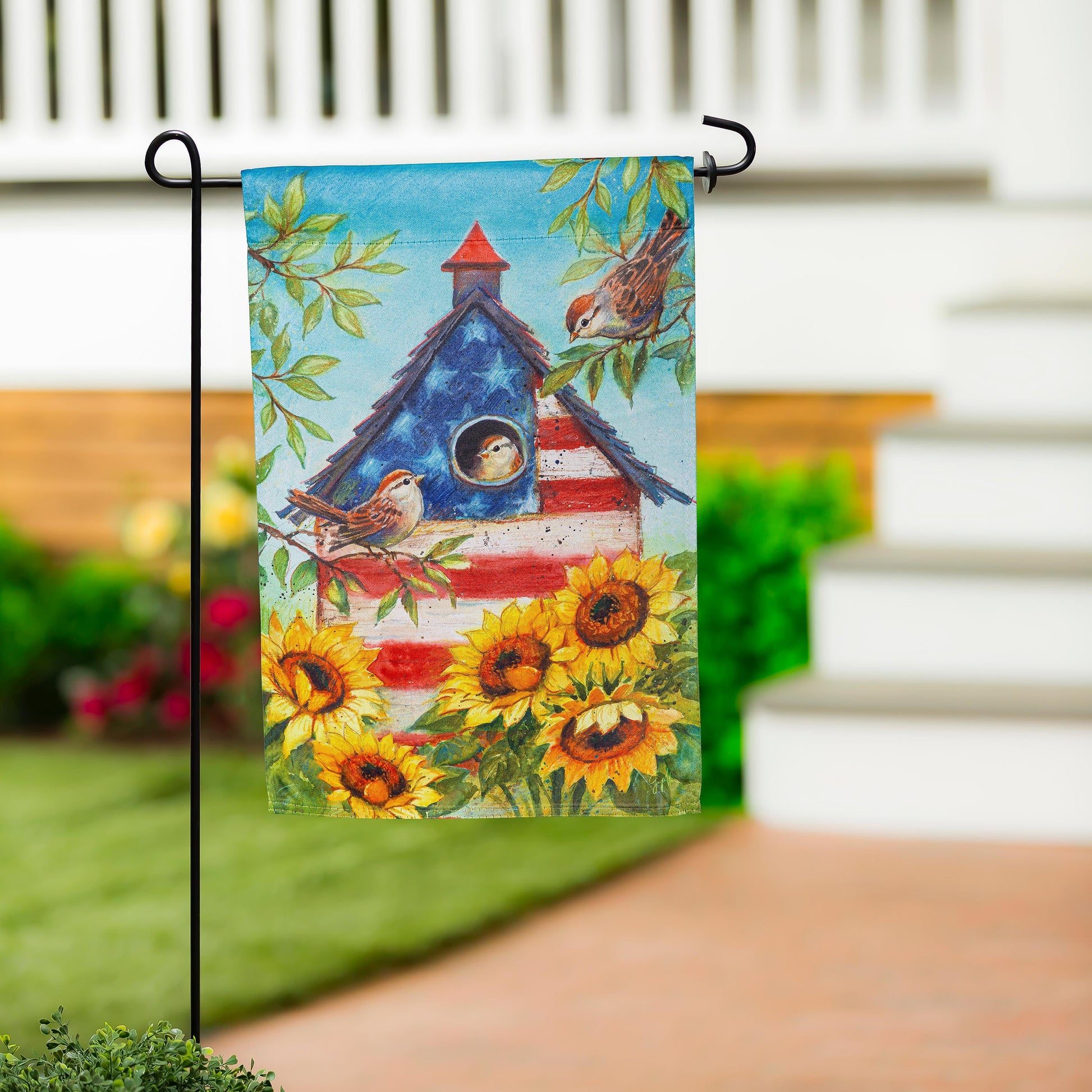 Stars and Sparrows Suede Garden Flag by Evergreen Enterprises with blue sky and sunflowers on Tampa Home & Garden Store