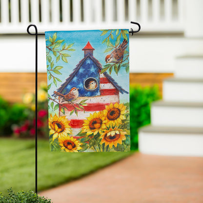 Stars and Sparrows Suede Garden Flag by Evergreen Enterprises with blue sky and sunflowers on Tampa Home & Garden Store