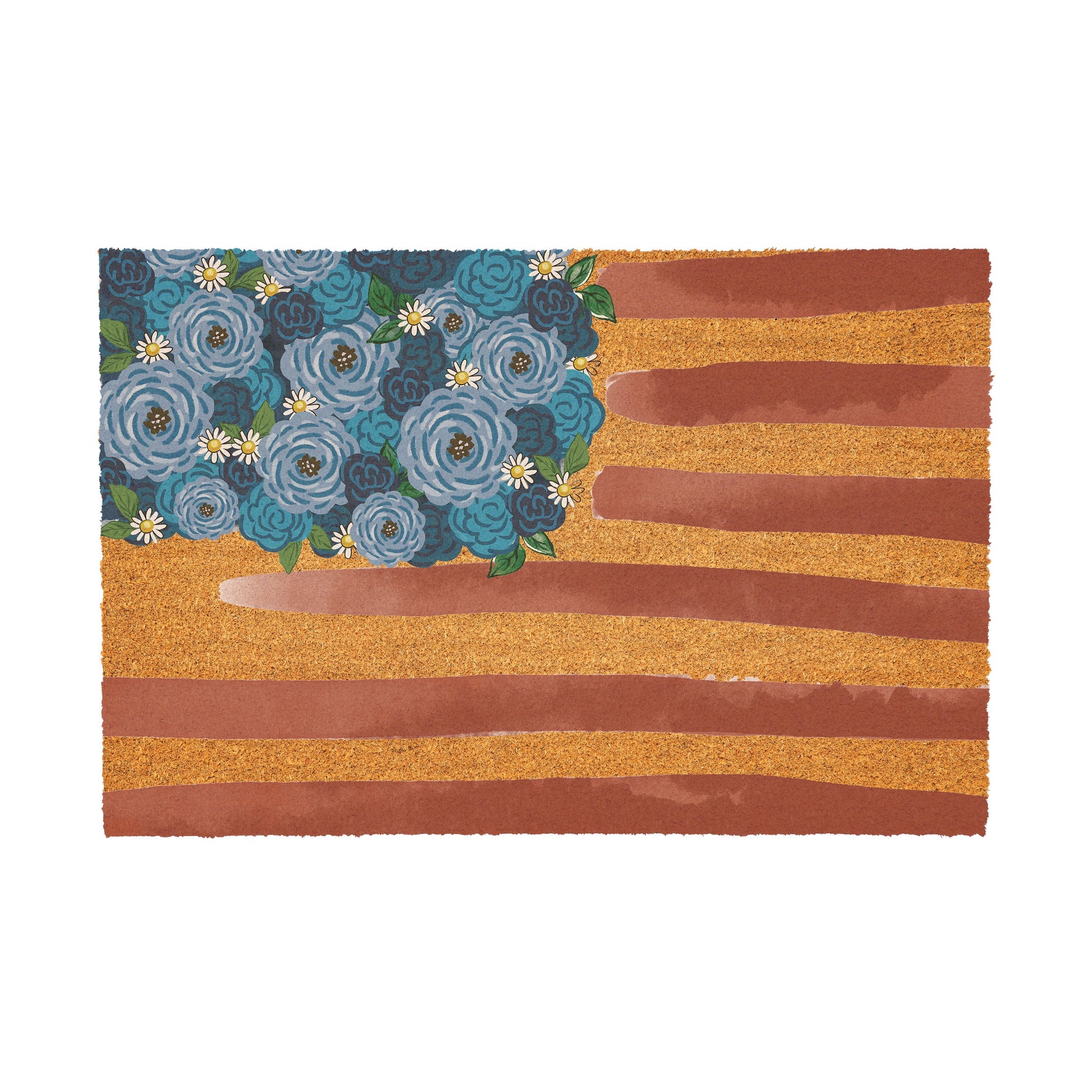 American Classic Flag coir door mat 36x24 with blue floral pattern and tan stripes on Tampa Home & Garden Store
