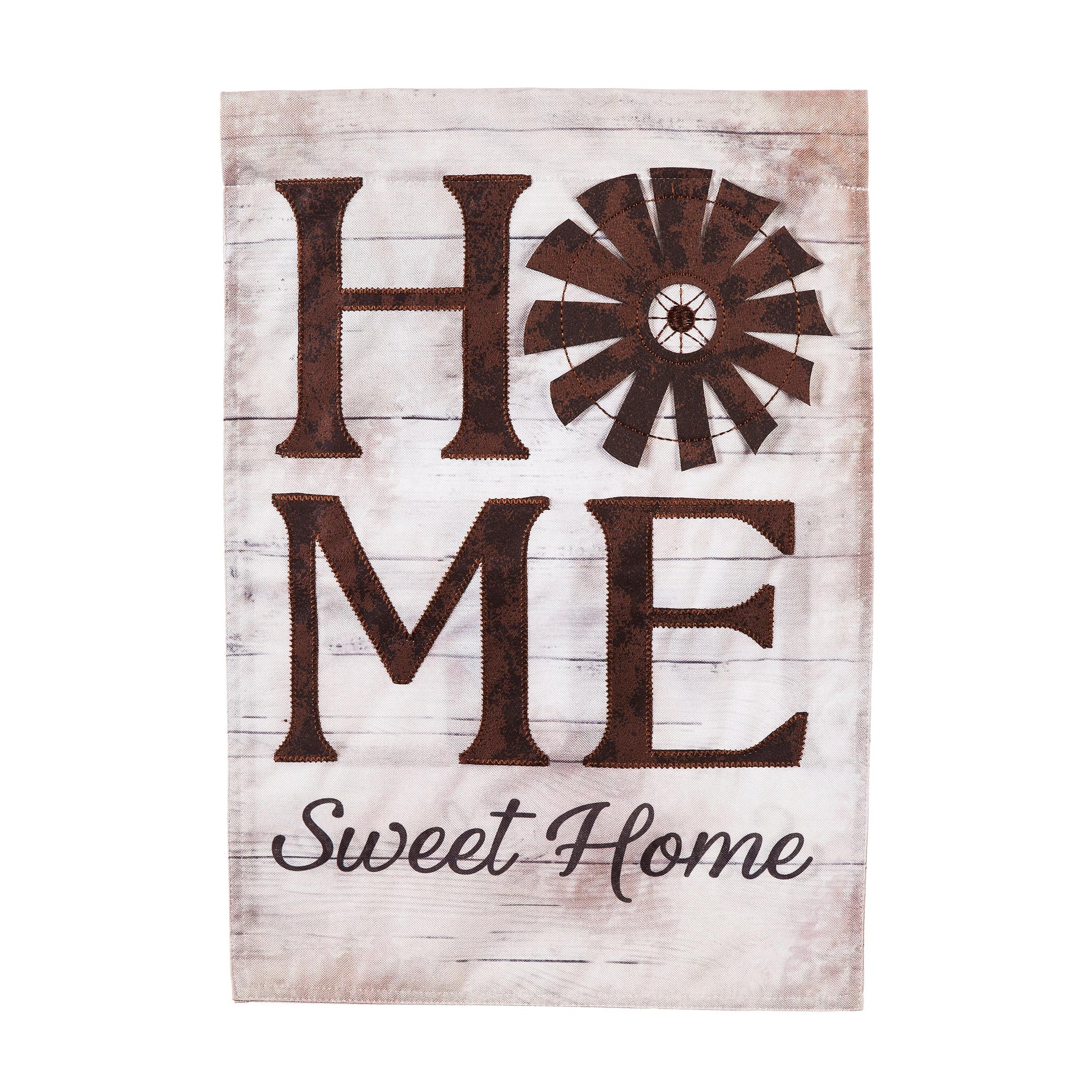 Garden linen flag with whitewashed background, brown HOME letters and windmill design, Sweet Home on Tampa Home & Garden Store