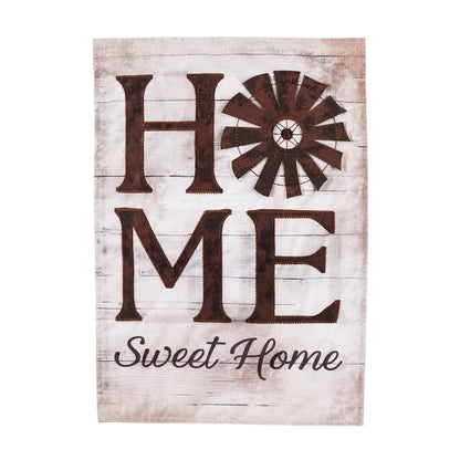 Garden linen flag with whitewashed background, brown HOME letters and windmill design, Sweet Home on Tampa Home & Garden Store
