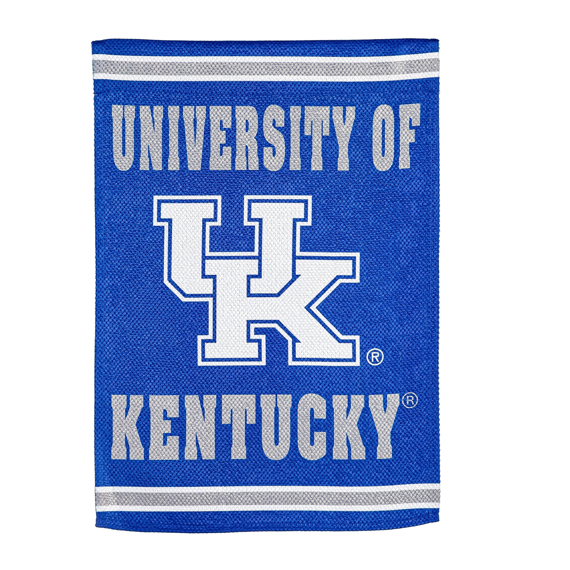 University of Kentucky embossed suede house flag in royal blue with white raised lettering on Tampa Home & Garden Store