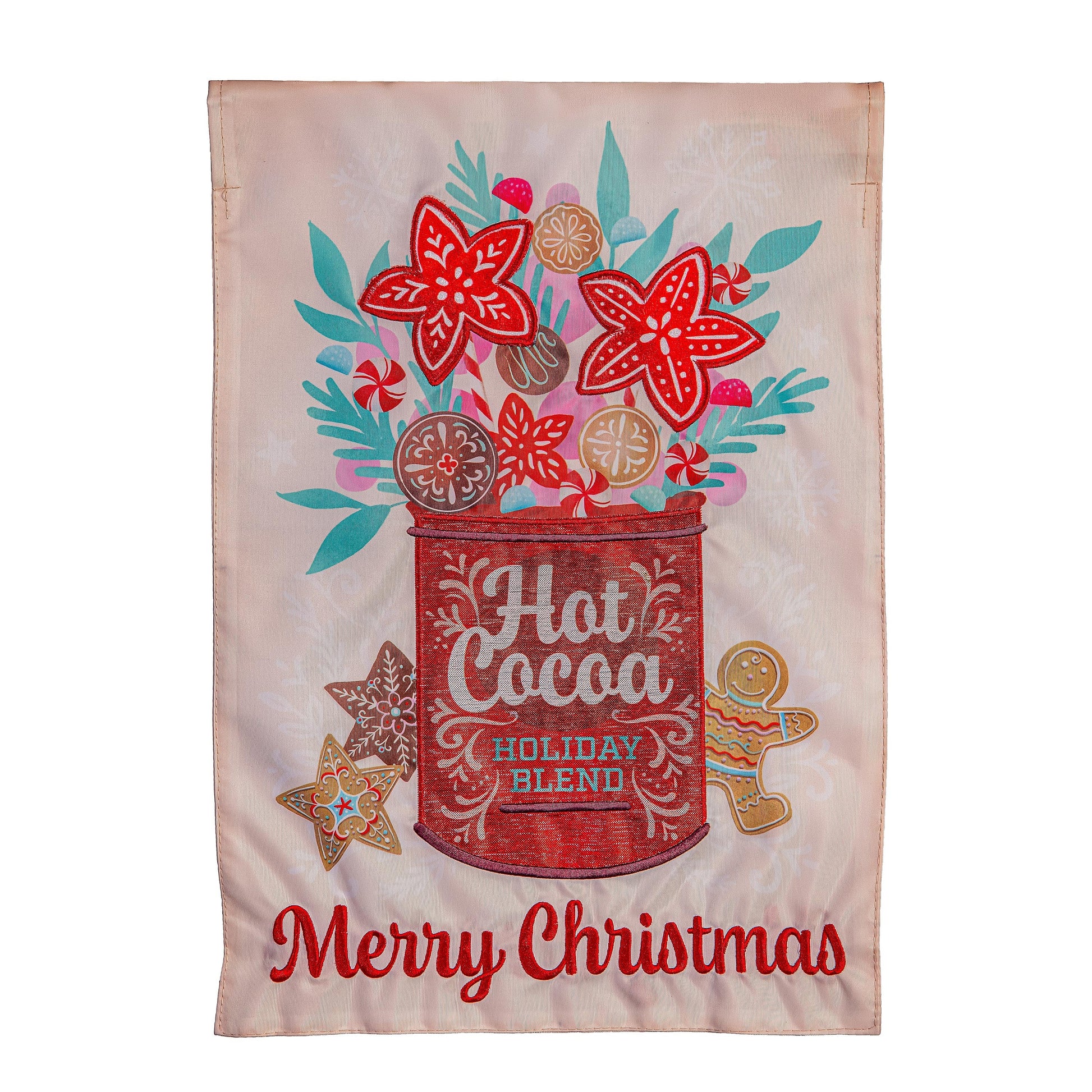 Hot Cocoa Holiday Blend applique garden flag with red text and cookies on beige background on Tampa Home & Garden Store