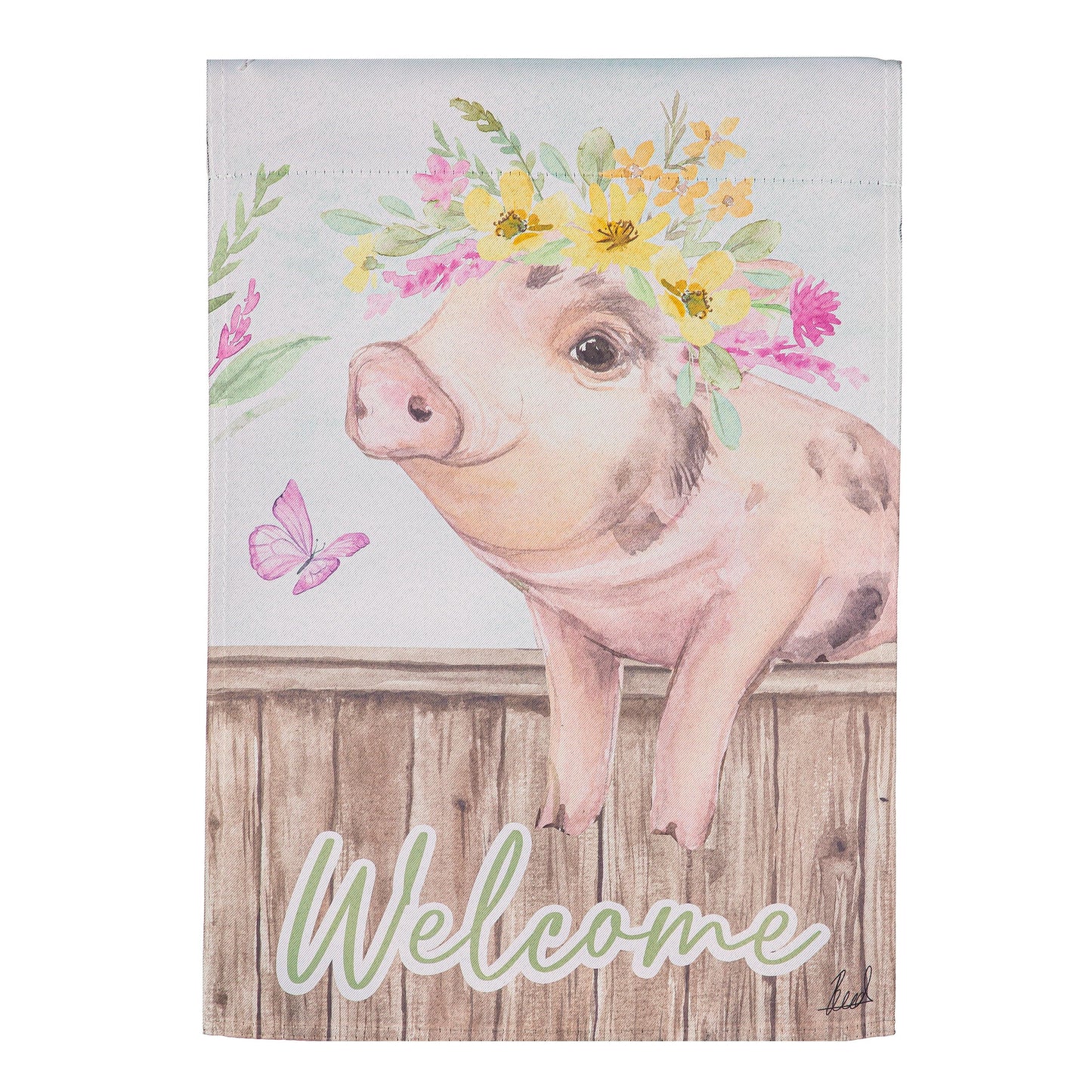Hillside Pasture Home Spun Friends Suede Garden Flag pig with flower crown on wood backdrop on Tampa Home & Garden Store