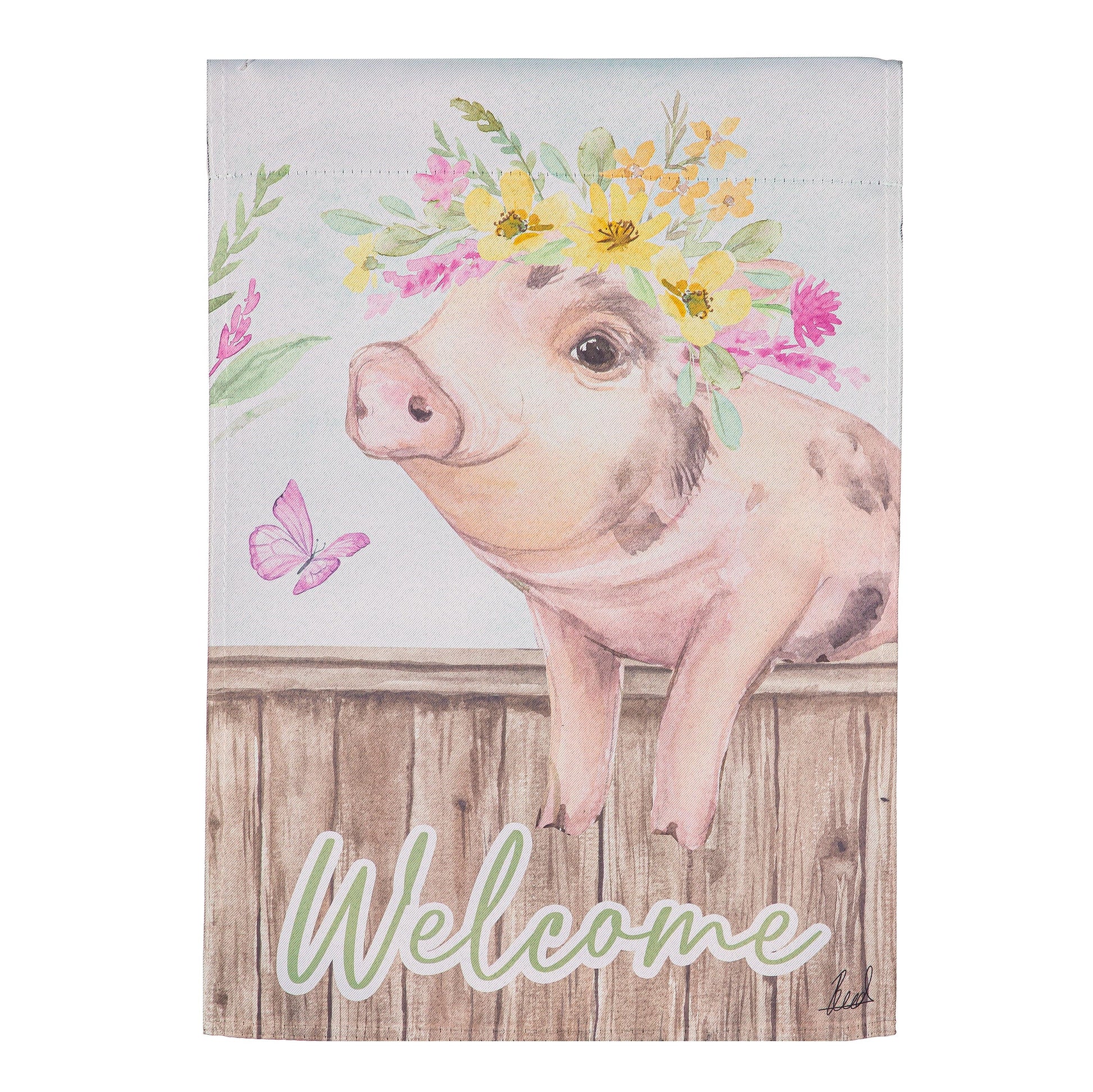 Hillside Pasture Home Spun Friends Suede Garden Flag pig with flower crown on wood backdrop on Tampa Home & Garden Store