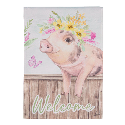 Hillside Pasture Home Spun Friends Suede Garden Flag pig with flower crown on wood backdrop on Tampa Home & Garden Store