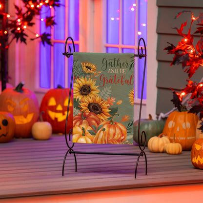 Grateful Gatherings Suede Garden Flag with sunflowers and pumpkins on a metal stand on Tampa Home & Garden Store