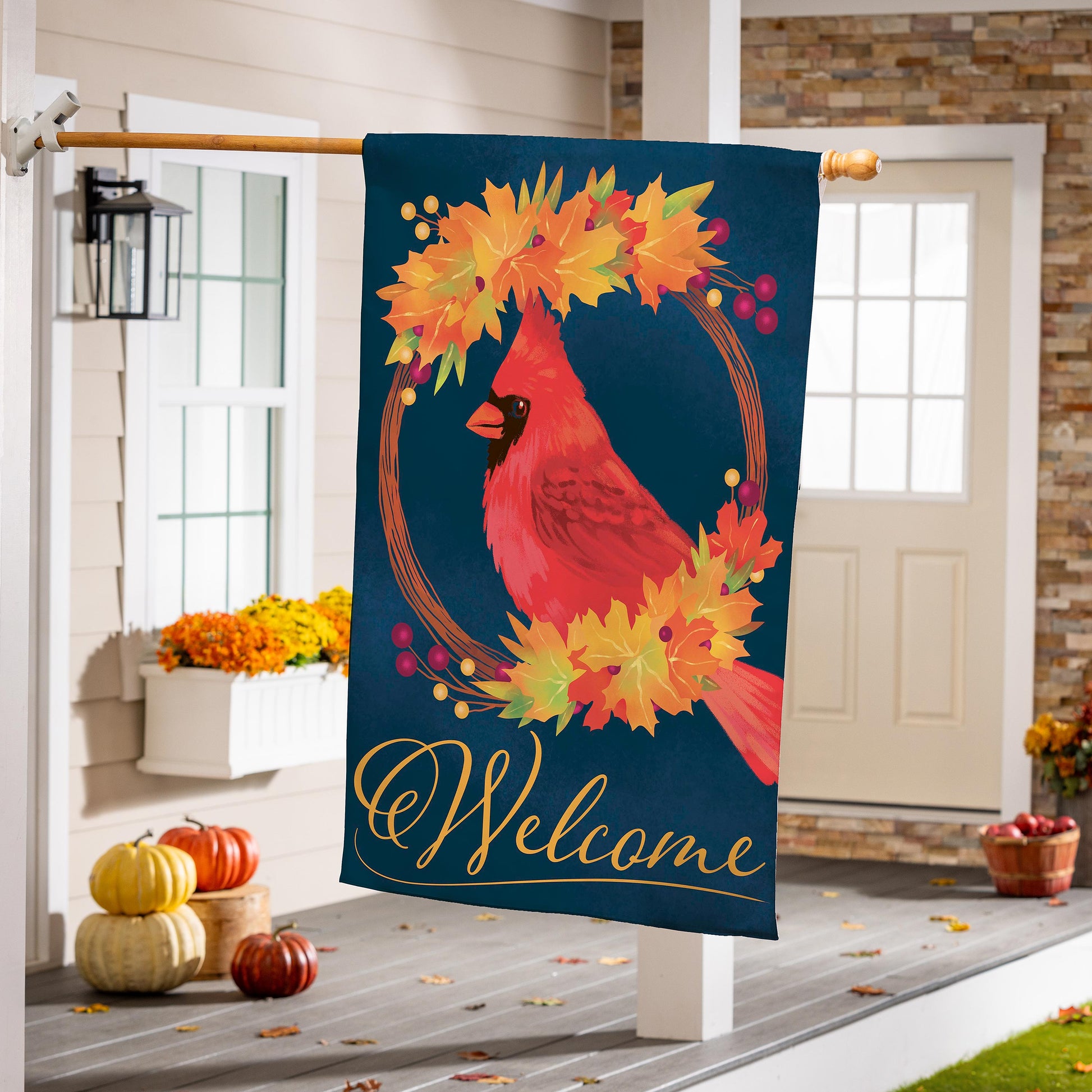 Fall Cardinal Wreath Burlap House Flag with cardinal among autumn leaves on dark blue on Tampa Home & Garden Store