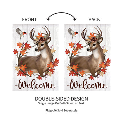 Autumn Deer Wreath Moire Garden Flag double-sided with deer and orange leaves on weathered wood on Tampa Home & Garden Store