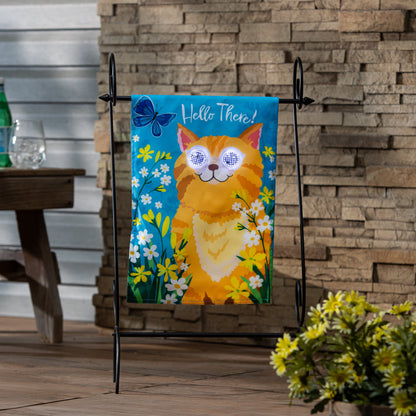 Animated Hello There Cat Applique Lighted Garden Flag with LED eyes on blue background on Tampa Home & Garden Store