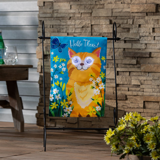 Animated Hello There Cat Applique Lighted Garden Flag with LED eyes on blue background on Tampa Home & Garden Store