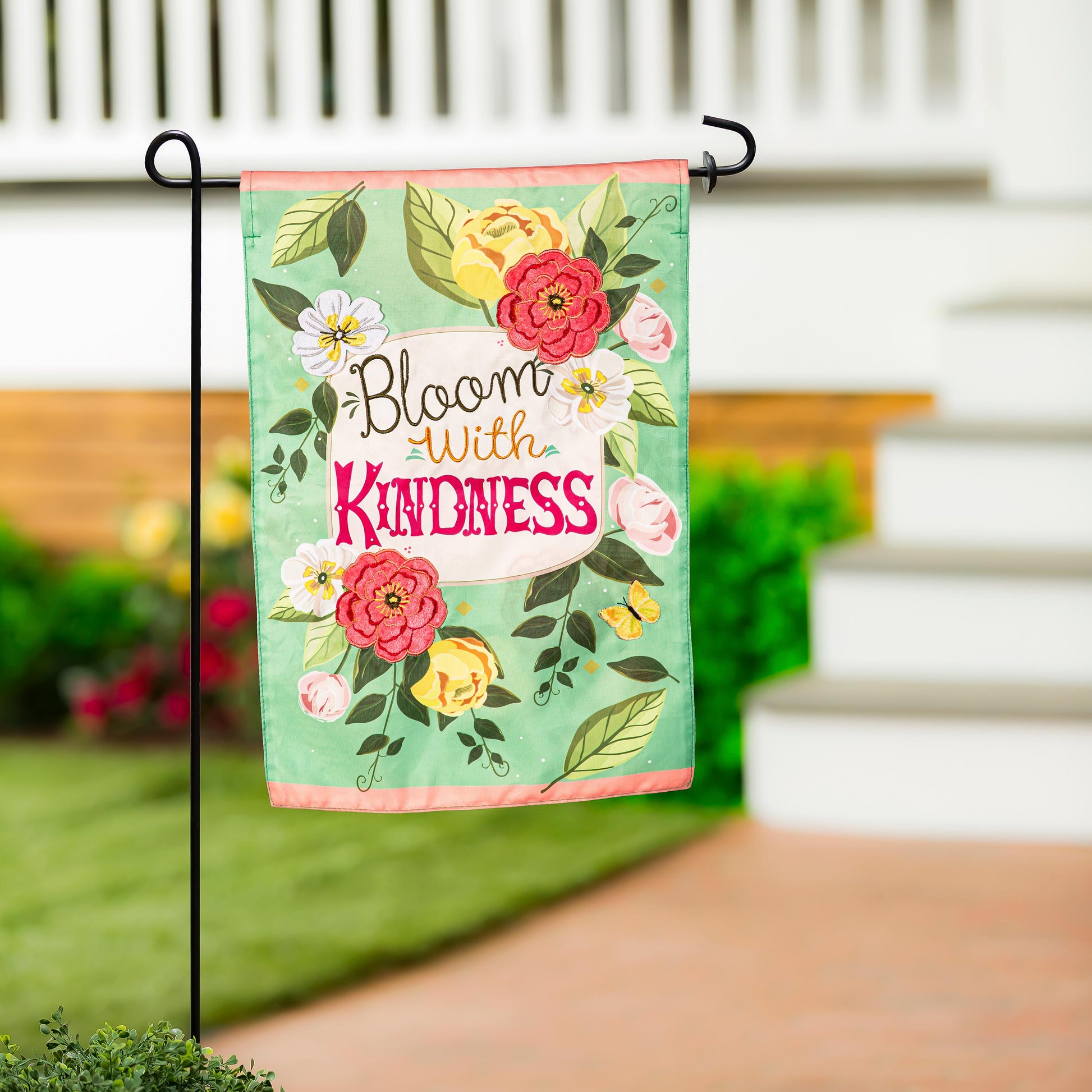 Applique garden flag Bloom with Kindness with florals on teal by Evergreen Enterprises on Tampa Home & Garden Store