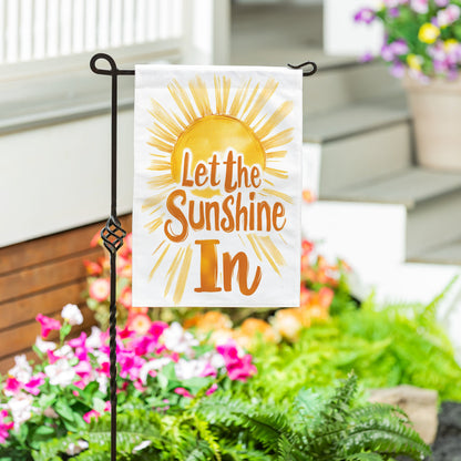 Let The Sunshine In Burlap Garden Flag white burlap with gold sun by Evergreen Enterprises on Tampa Home & Garden Store