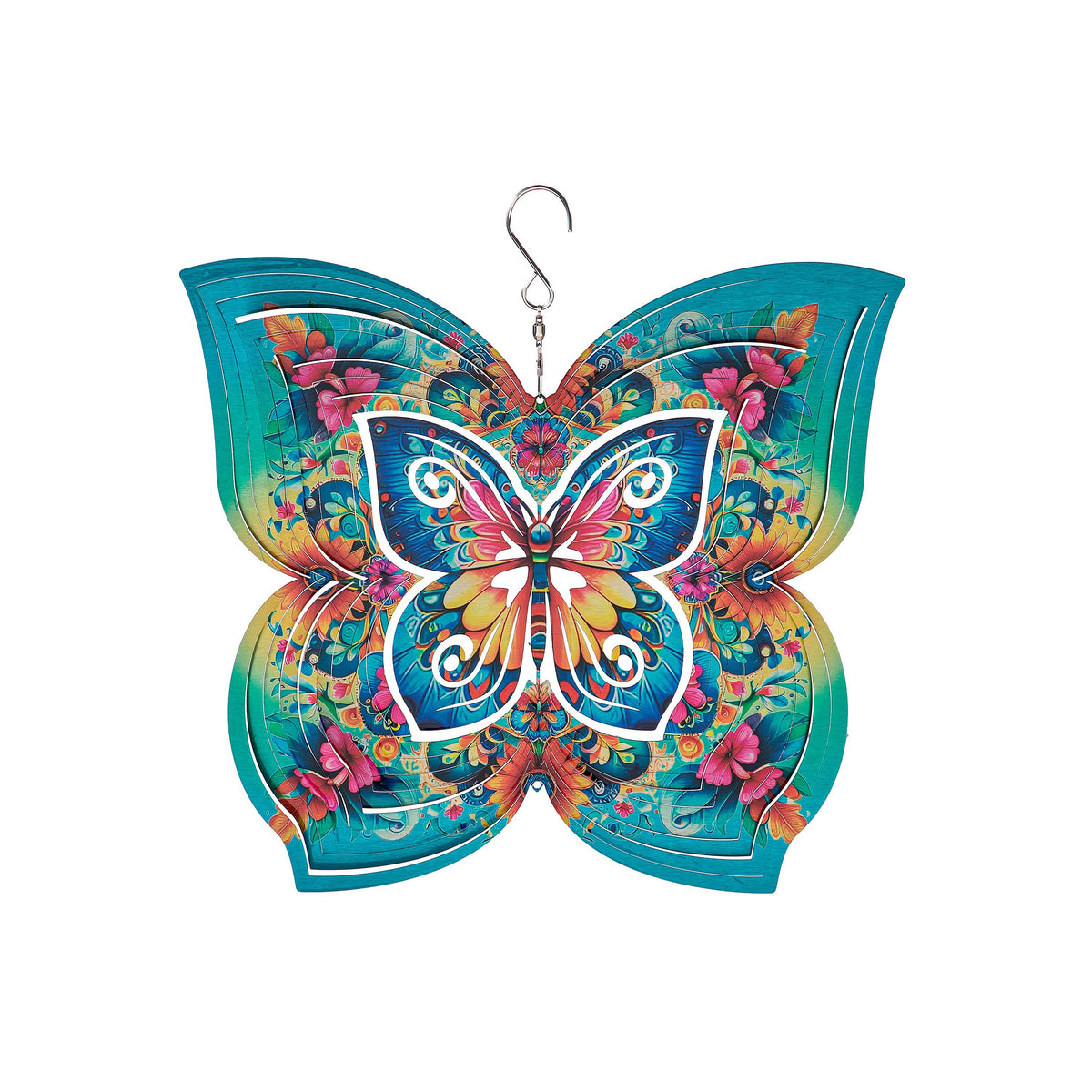 Illusion Spinner Edge Program wind spinner teal blue butterfly with colorful floral wings on Tampa Home & Garden Store