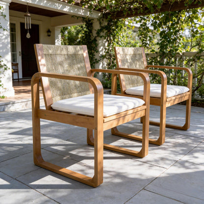 Two Outdoor Dining Chairs and Acacia Wood Rope