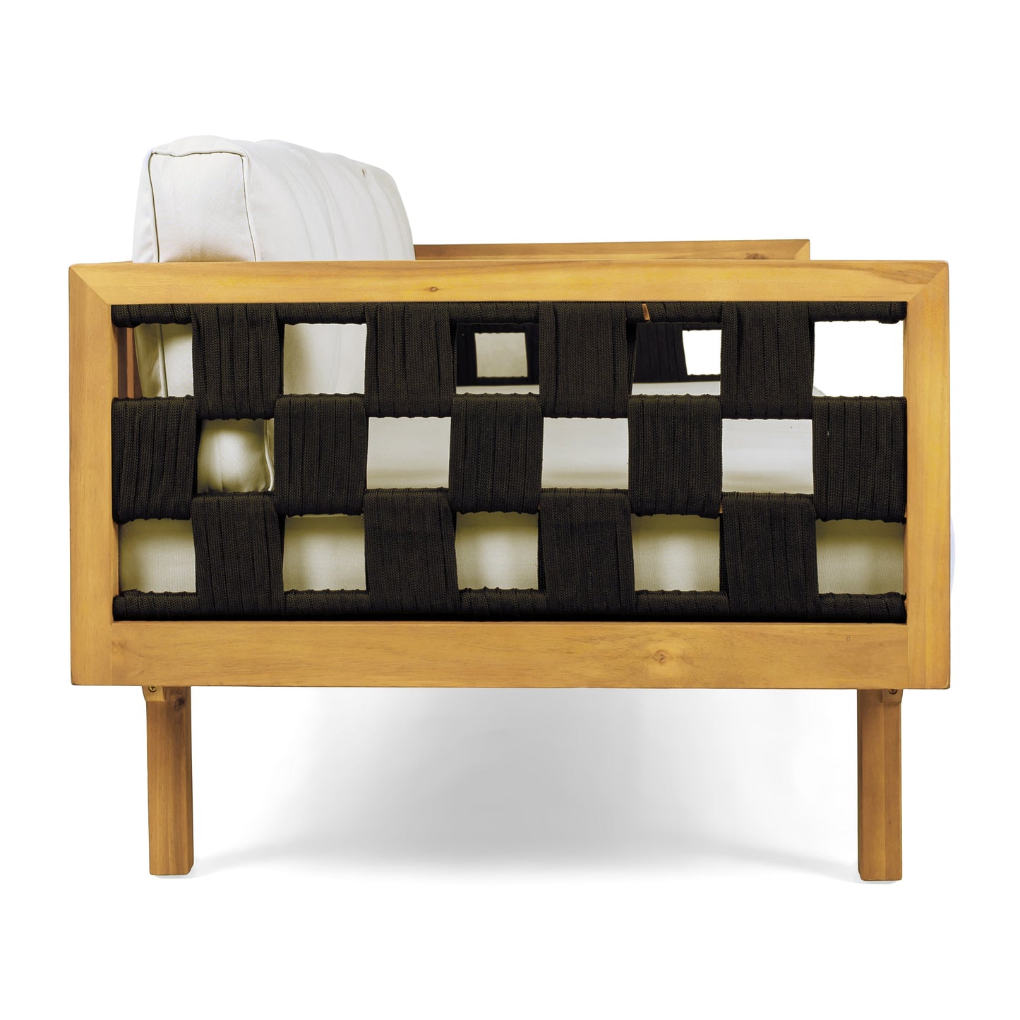 Luxury Acacia Wood Outdoor Daybed Set with white cushions and black woven straps on Tampa Home & Garden Store