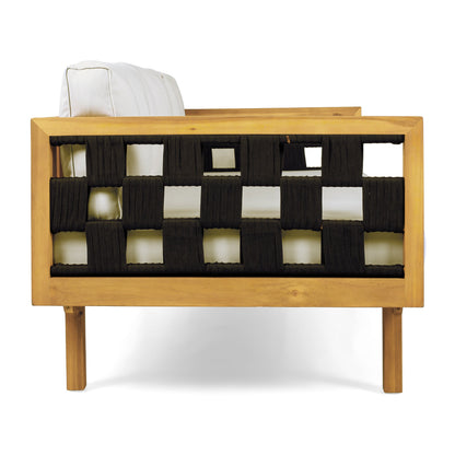 Luxury Acacia Wood Outdoor Daybed Set with white cushions and black woven straps on Tampa Home & Garden Store