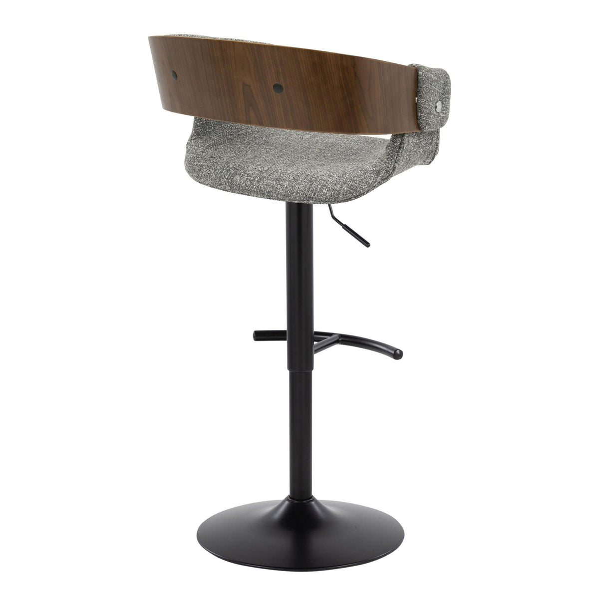 Barstool mid-century modern with wood back and gray fabric seat; adjustable swivel base on Tampa Home & Garden Store