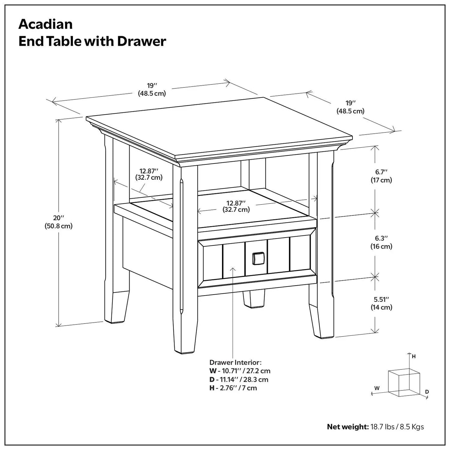 Acadian End Table with Drawer by Unique Piece Furniture, 19in top, 20in tall, single drawer on Tampa Home & Garden Store