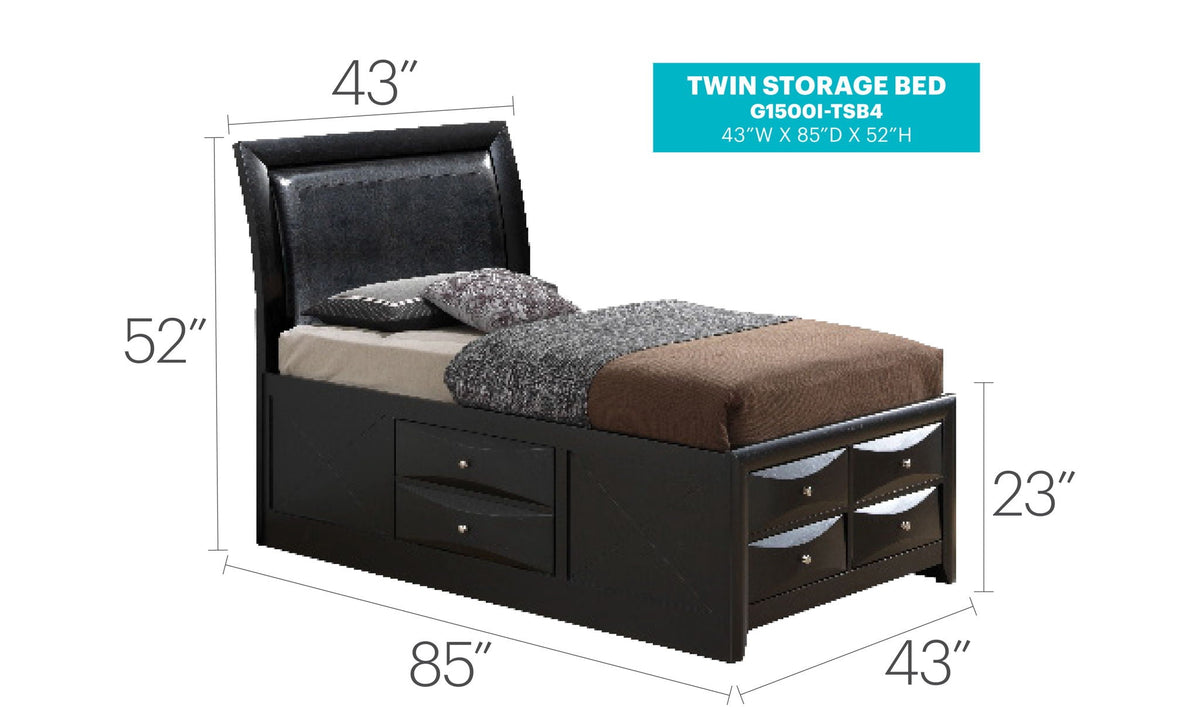 Marilla storage bed by HouseOfZazla, black upholstered twin model with multiple built-in drawers on Tampa Home & Garden Store