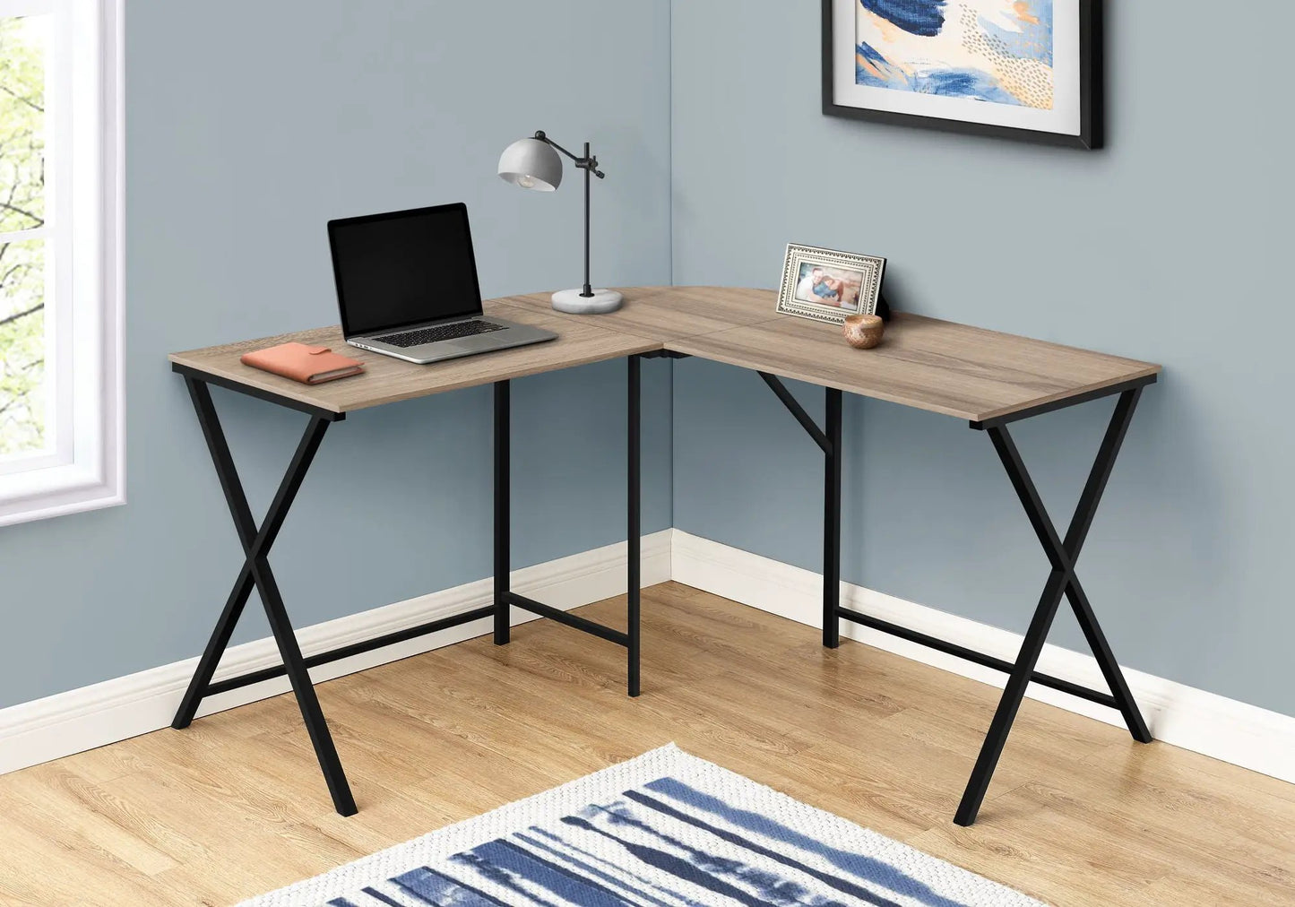 L-shaped corner desk wood grain top with black metal legs for home office on Tampa Home & Garden Store
