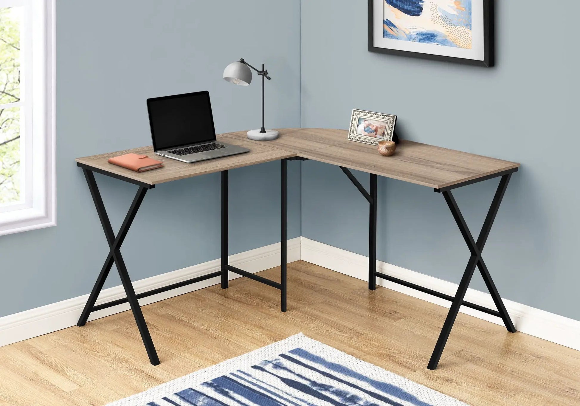 L-shaped corner desk wood grain top with black metal legs for home office on Tampa Home & Garden Store