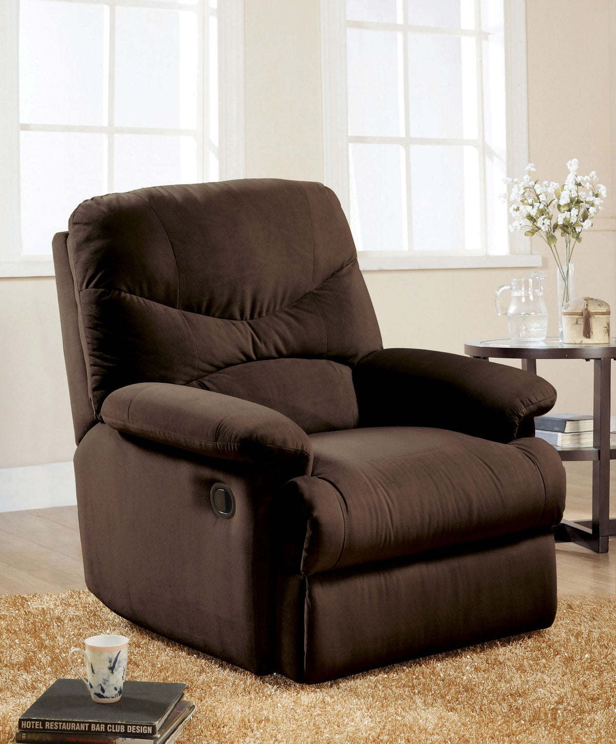 Arcadia Micro Motion Glider Recliner brown fabric upholstery by HouseOfZazla in a cozy living room on Tampa Home & Garden Store