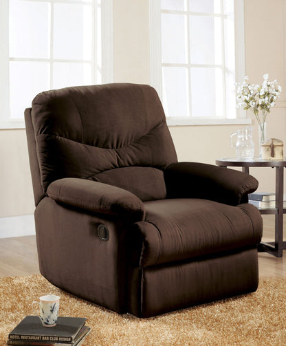 Arcadia Micro Motion Glider Recliner brown fabric upholstery by HouseOfZazla in a cozy living room on Tampa Home & Garden Store