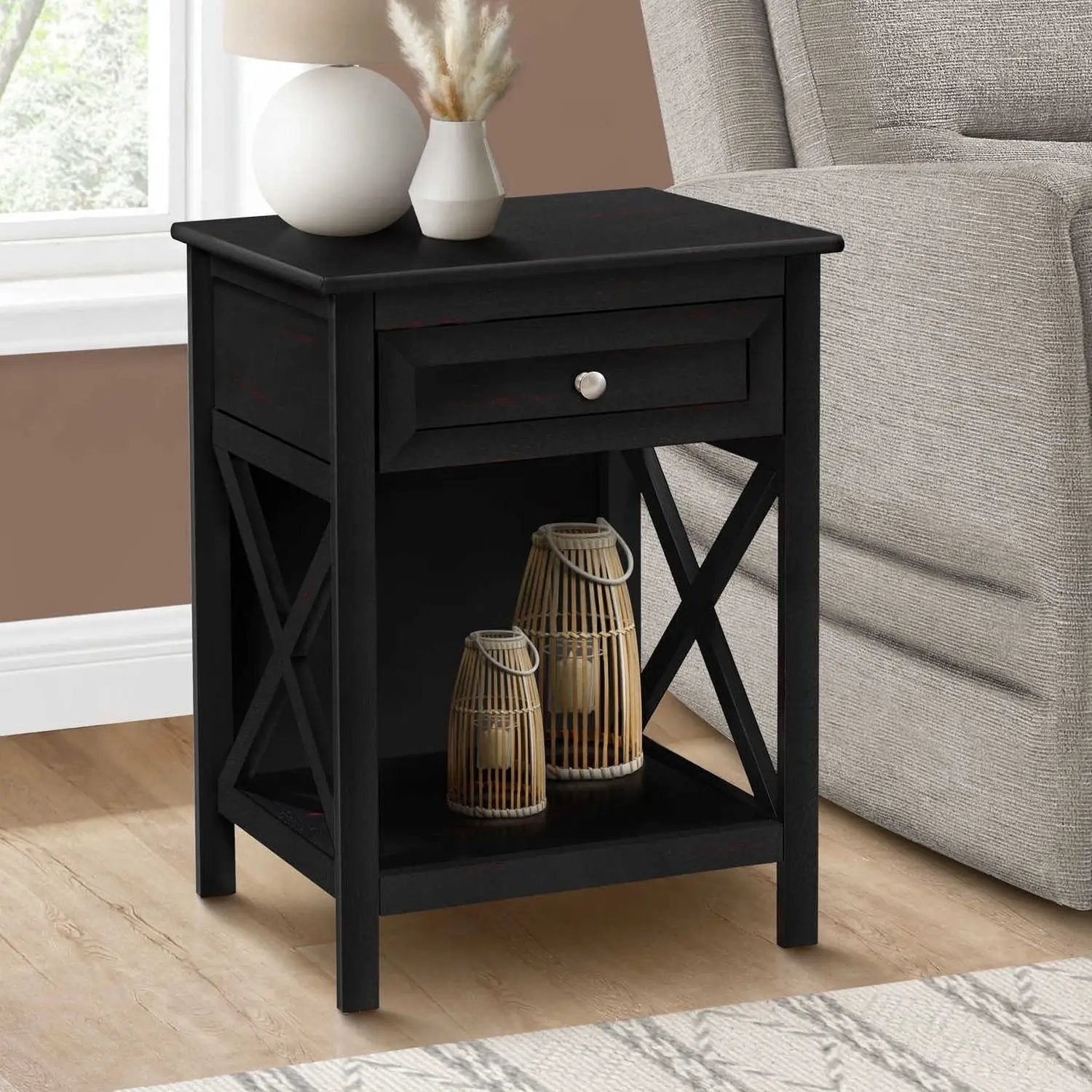 Accent End Table, 2-tier with drawer, black finish and X-frame sides, Unique Piece Furniture on Tampa Home & Garden Store