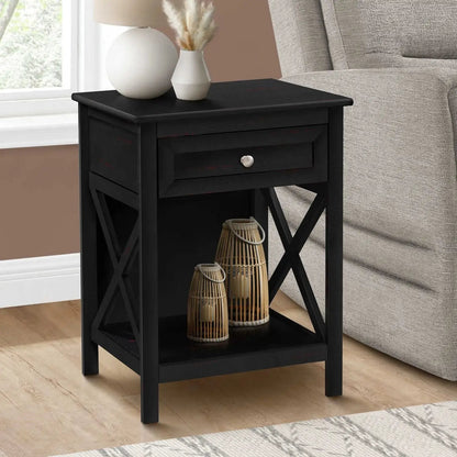Accent End Table, 2-tier with drawer, black finish and X-frame sides, Unique Piece Furniture on Tampa Home & Garden Store