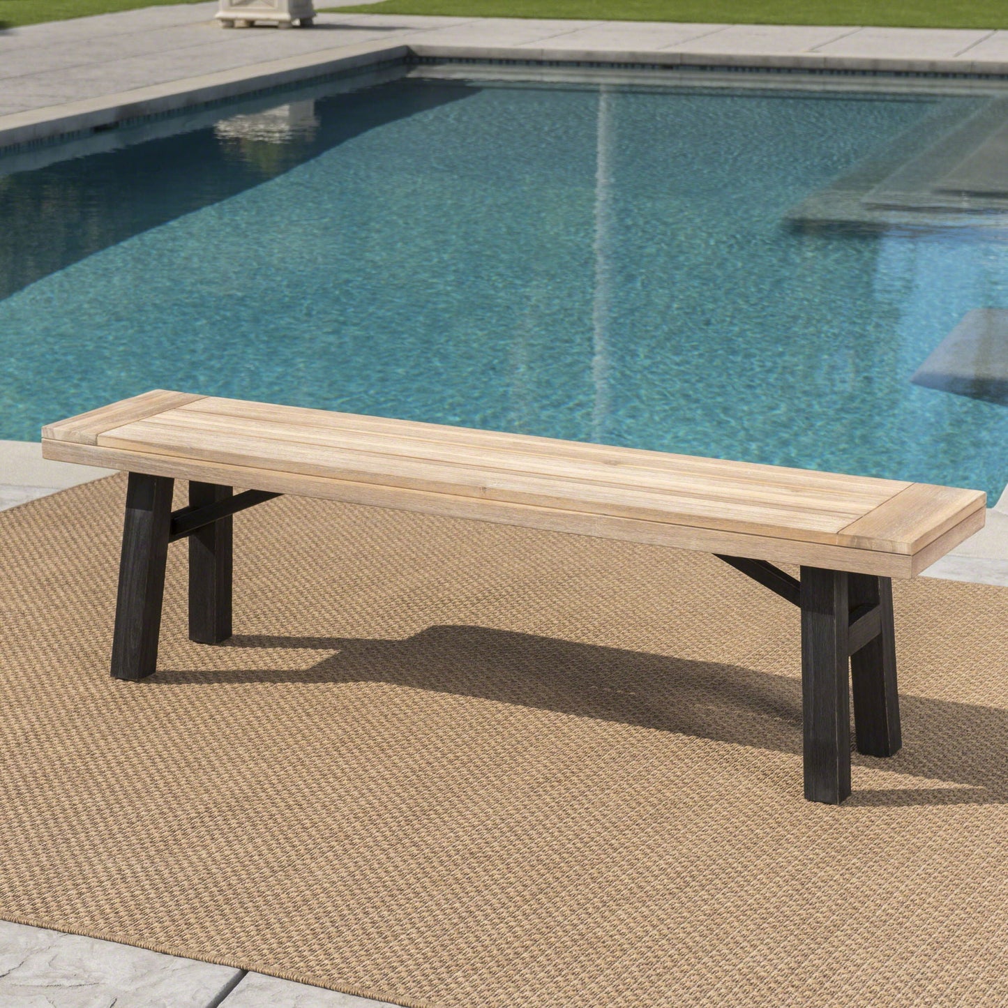 Outdoor benches with slat panel design and acacia wood frames (2) on Tampa Home & Garden Store