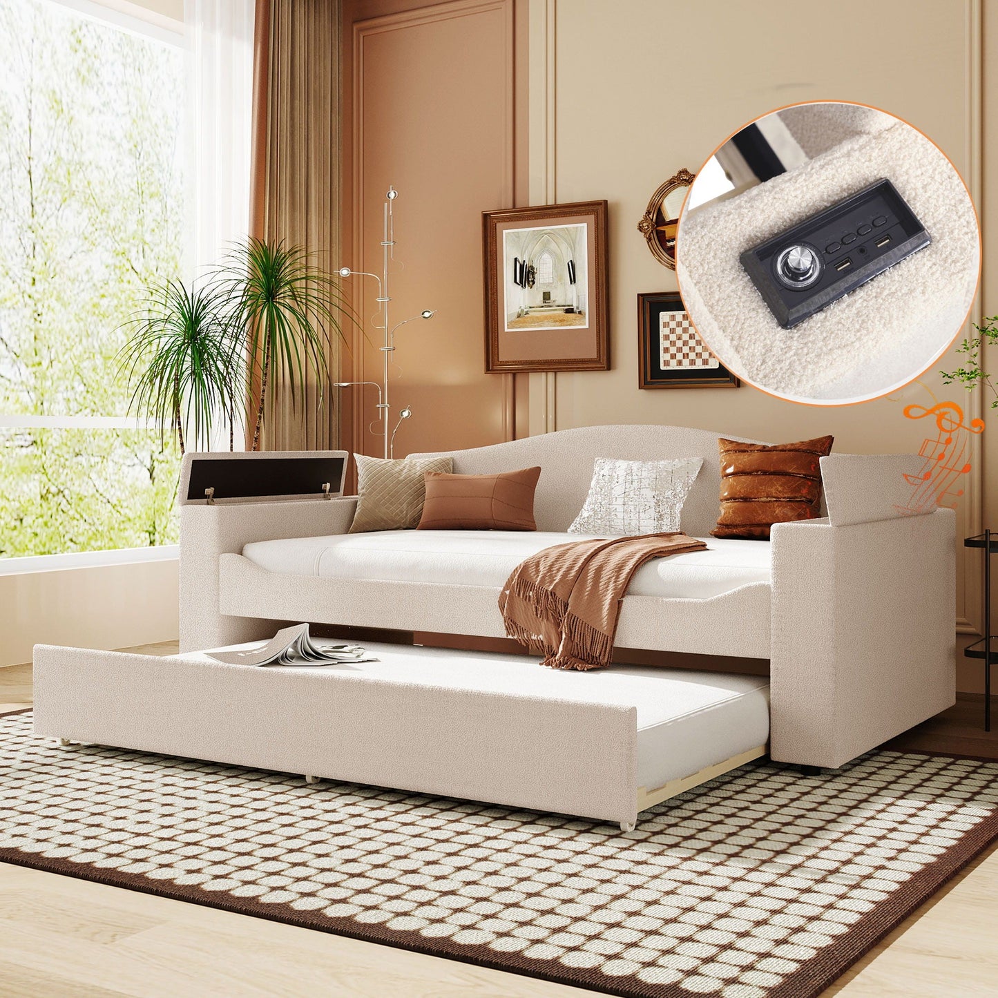 Beige upholstered daybed with storage, armrests and trundle; integrated audio system on Tampa Home & Garden Store