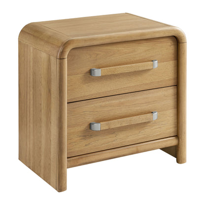 2 Drawer Nightstand with USB charging in brown wood finish, rounded edges and metal handles on Tampa Home & Garden Store