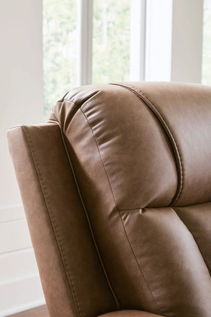 Mackmenville Zero Wall Recliner brown leather upholstery closeup arm on Tampa Home & Garden Store