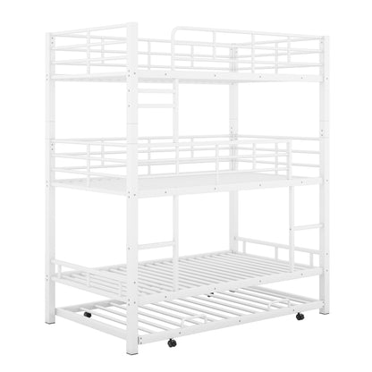 Triple bunk bed frame with trundle in white heavy-duty steel, guard rails and ladder on Tampa Home & Garden Store