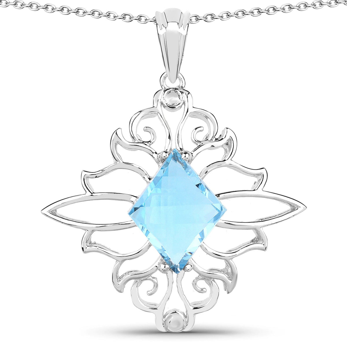 5.15 Carat Swiss Blue Topaz .925 Silver Pendant with square-cut blue topaz in floral frame on Tampa Home & Garden Store