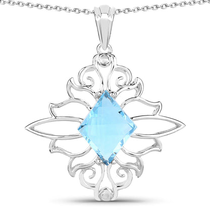 5.15 Carat Swiss Blue Topaz .925 Silver Pendant with square-cut blue topaz in floral frame on Tampa Home & Garden Store
