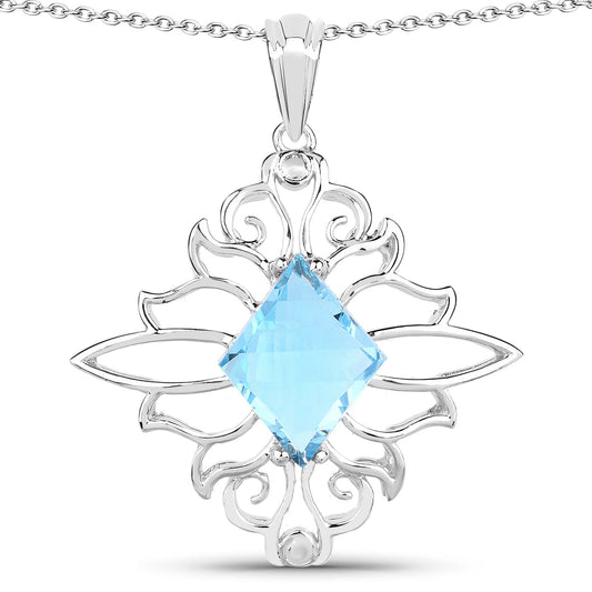 5.15 Carat Swiss Blue Topaz .925 Silver Pendant with square-cut blue topaz in floral frame on Tampa Home & Garden Store