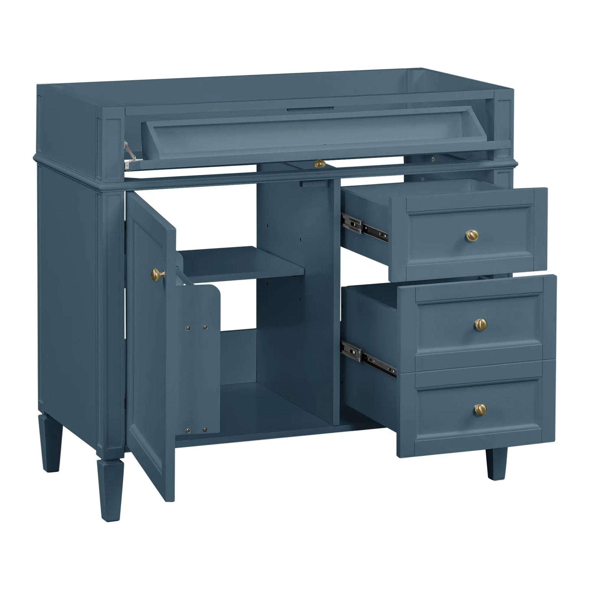 Blue bathroom vanity base with two drawers and tip-out drawer, brass knobs on Tampa Home & Garden Store