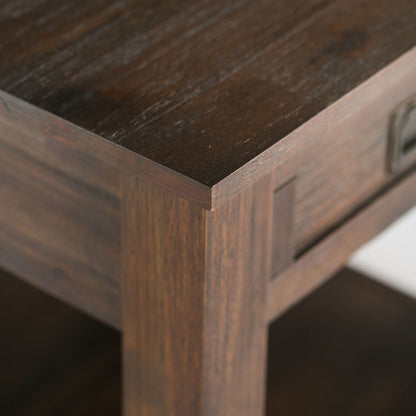 Monroe solid acacia side table for living dark brown wood grain close-up corner view on Tampa Home & Garden Store