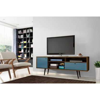 TV Stand with Wire Management and Smart Storage wood finish with blue drawers and TV on top on Tampa Home & Garden Store