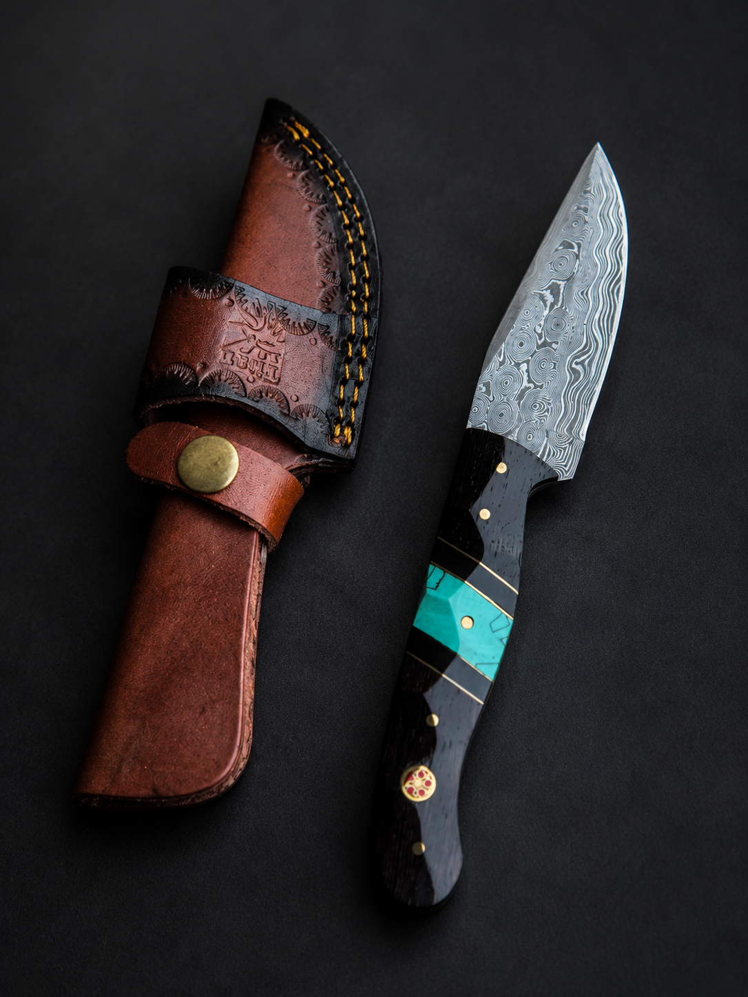 Titan Shadowstone TK-520 Damascus knife (2) with turquoise-inlaid handle and leather sheath on Tampa Home & Garden Store