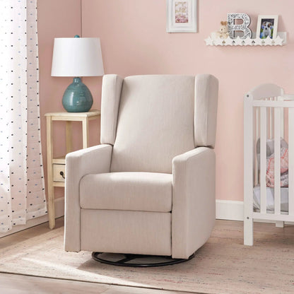 Landau Contemporary Fabric Upholstered Swivel Recliner beige fabric with swivel base in pastel nursery on Tampa Home & Garden Store
