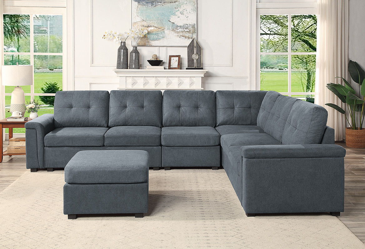 Isla fabric sectional sofa with ottoman in blue-gray fabric, HouseOfZazla 2-piece set on Tampa Home & Garden Store
