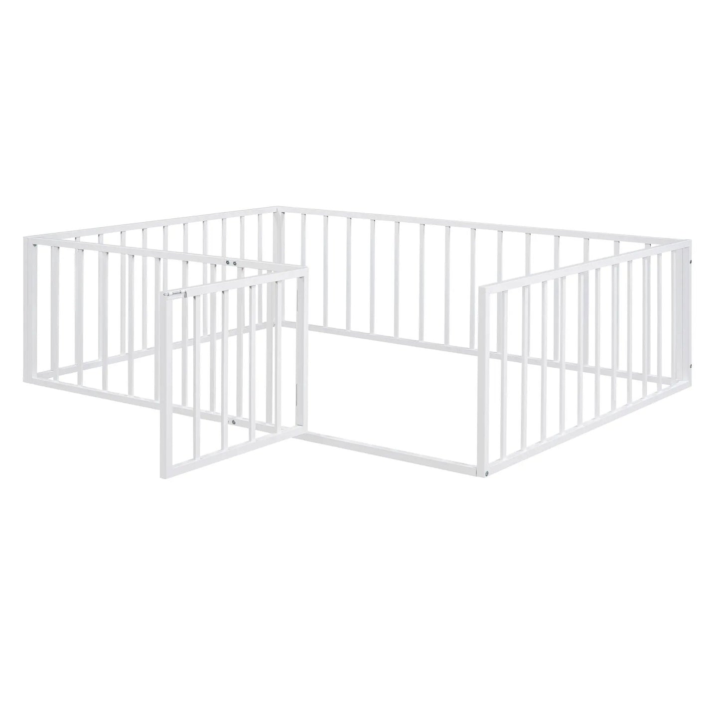 White metal floor bed frame with fence panels and a small gate door on Tampa Home & Garden Store