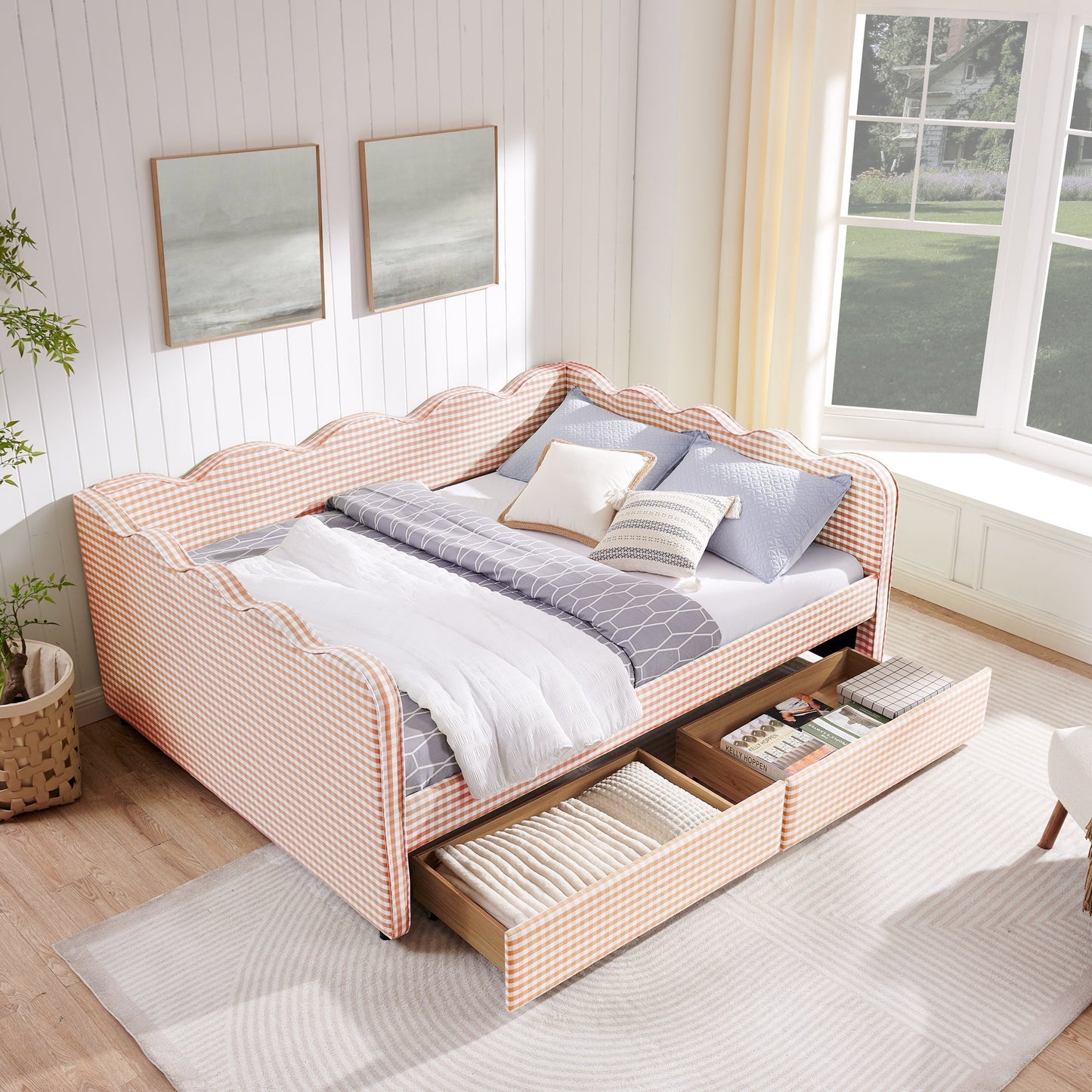 Queen Gingham Daybed with USB Port and Drawers